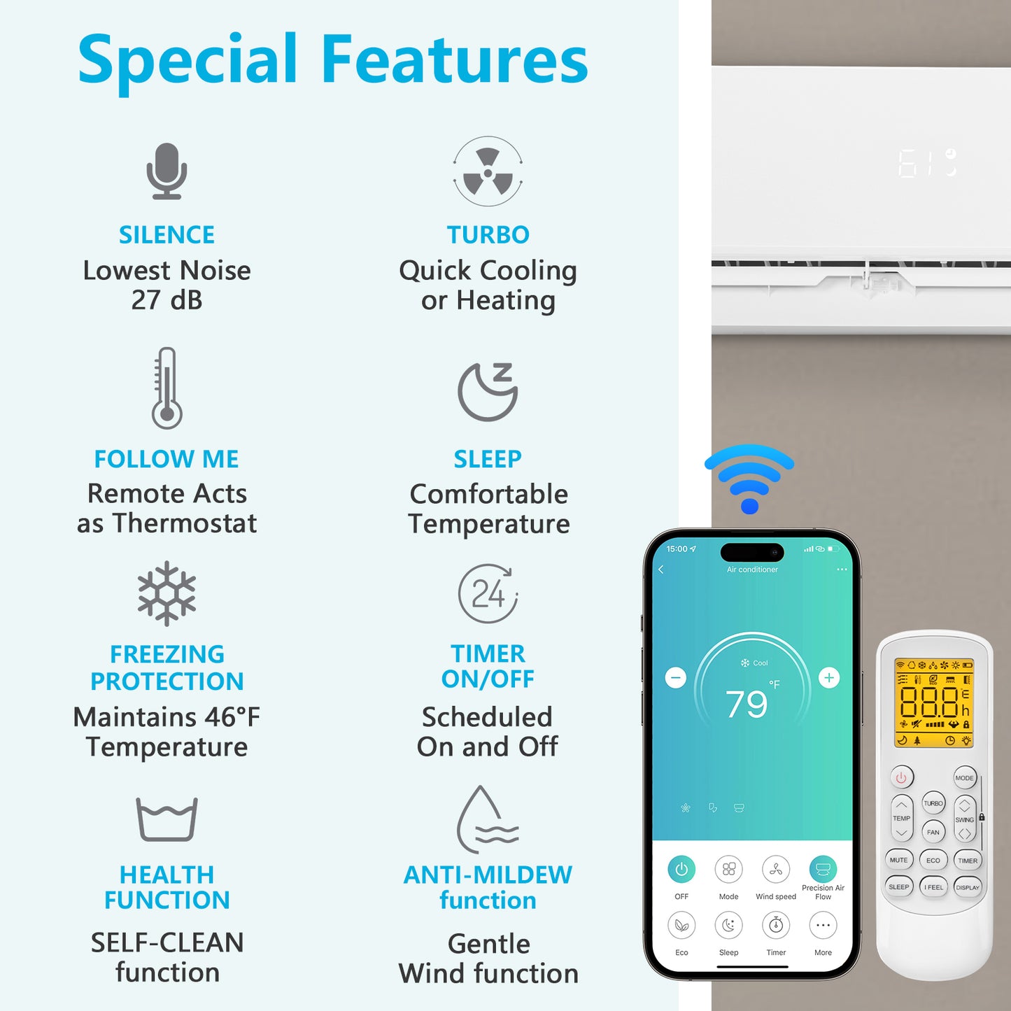 ZOKOP 12000BTU Wifi Enabled 115V Smart Split Type Inverter Air Conditioners with Heating Function