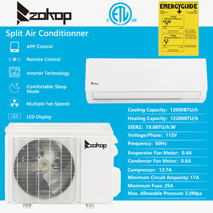 ZOKOP 12000BTU Wifi Enabled 115V Smart Split Type Inverter Air Conditioners with Heating Function