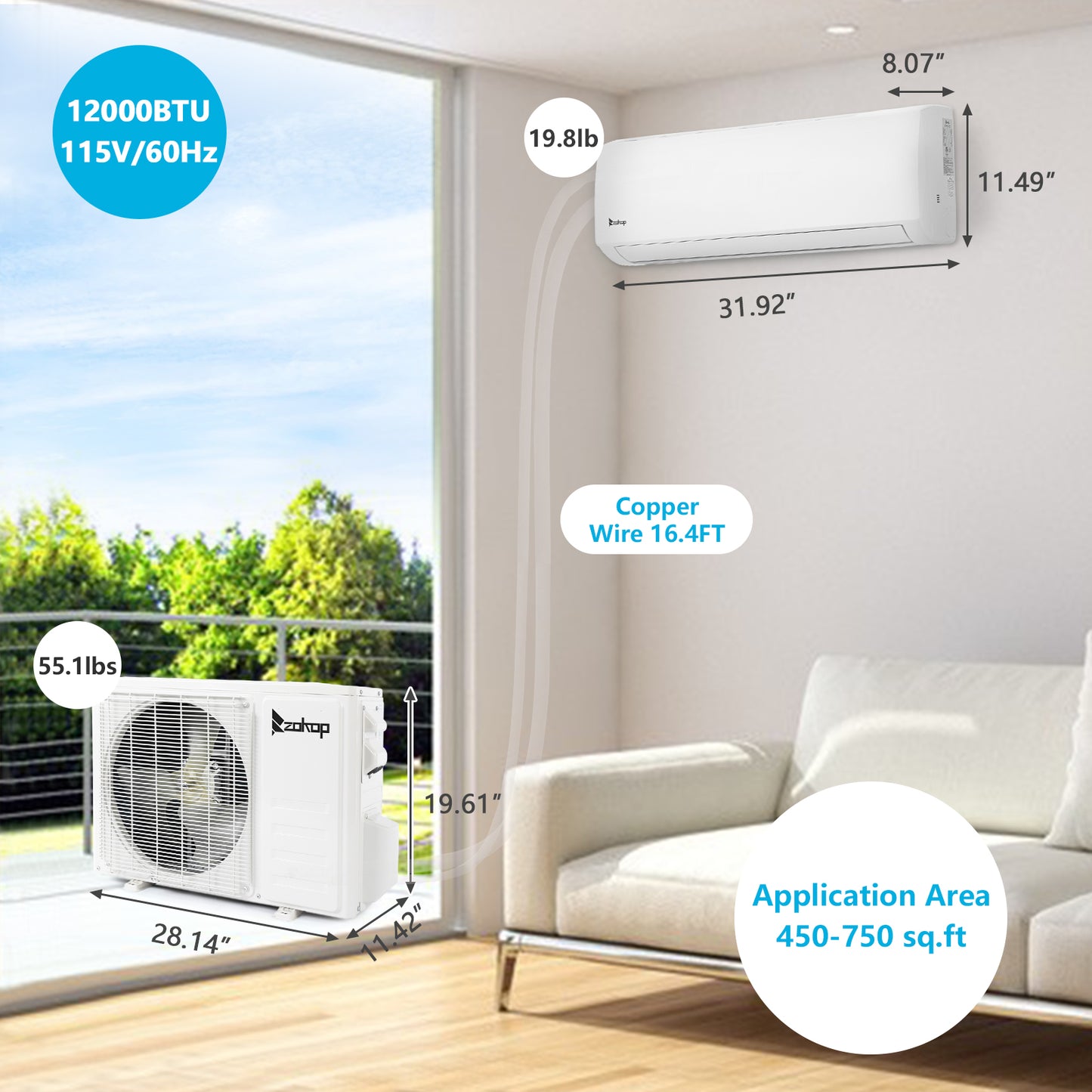 ZOKOP 12000BTU Wifi Enabled 115V Smart Split Type Inverter Air Conditioners with Heating Function