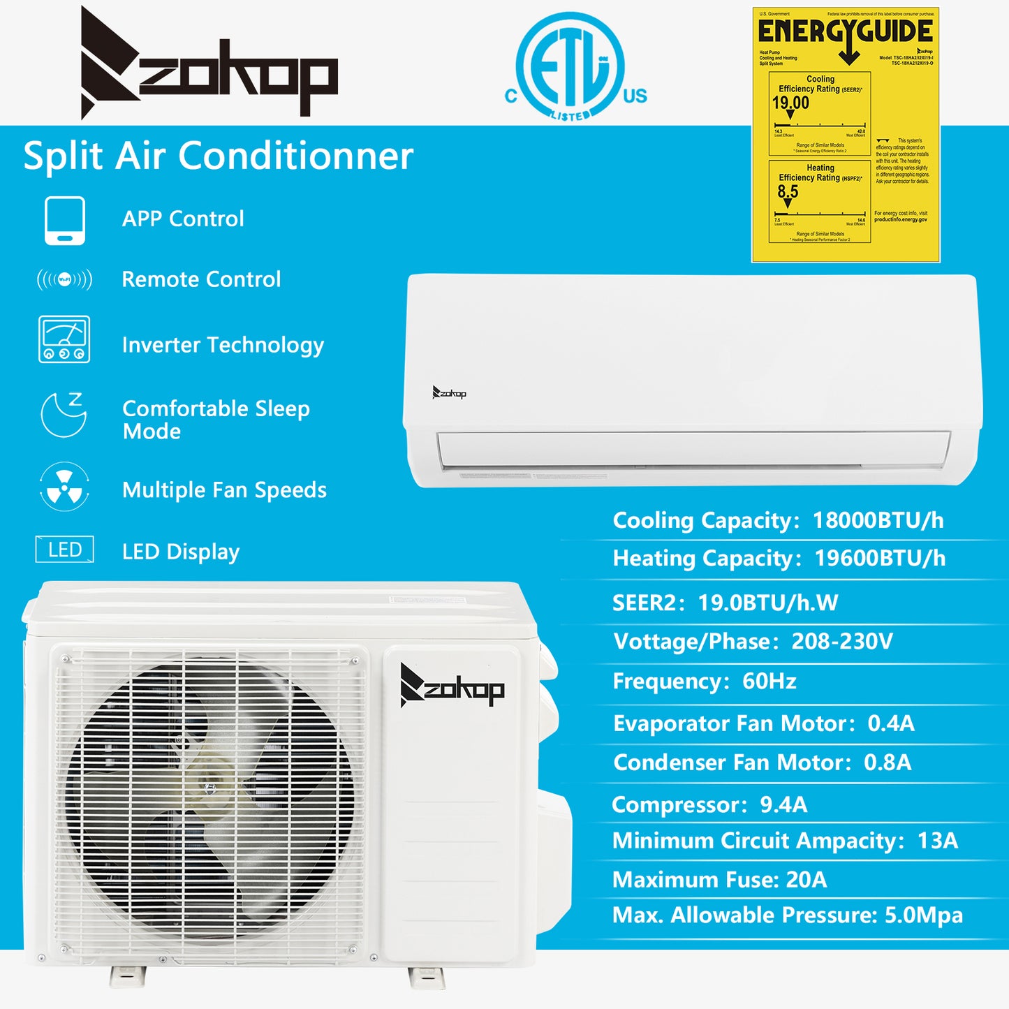 ZOKOP 18000BTU Wifi Enabled Smart Split Type Inverter Air Conditioners with Heating Function