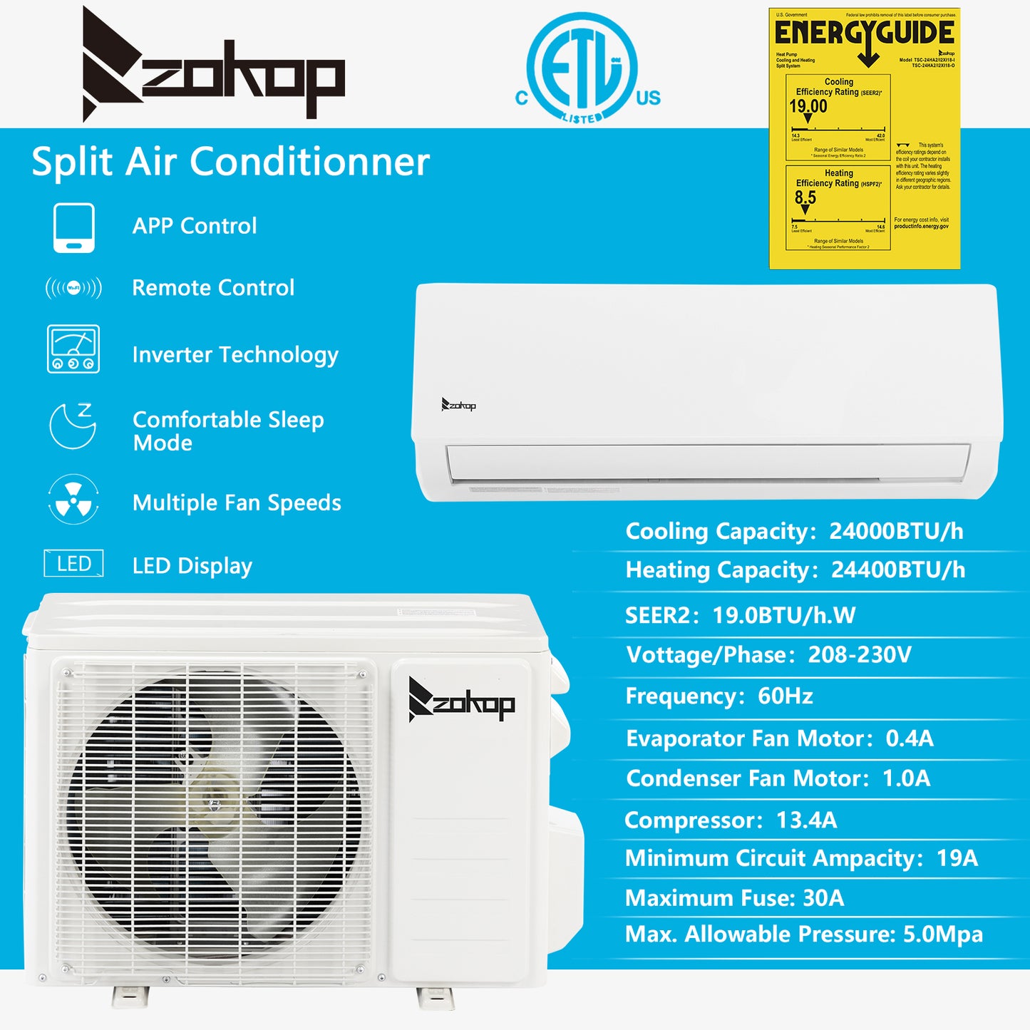 ZOKOP 24000 BTU Wifi Enabled Split Air Conditioner with Inverter Technology