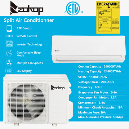 ZOKOP 24000 BTU Wifi Enabled Split Air Conditioner with Inverter Technology