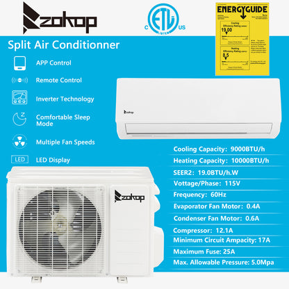 ZOKOP 9000 BTU Wifi Enabled 19 Seer Mini Split Air Conditioner & Heater AC 115V