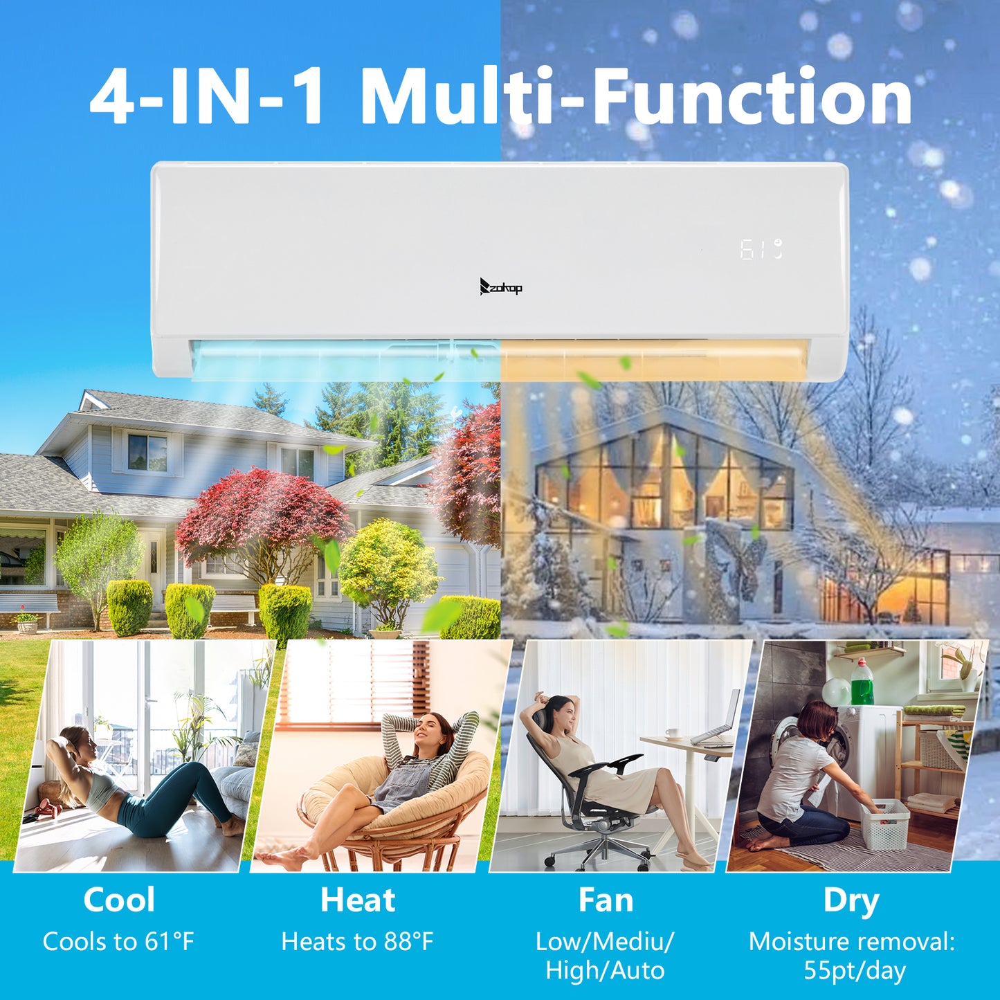 ZOKOP 11000BTU Wifi Enabled Mini Split Air Conditioner & Heater