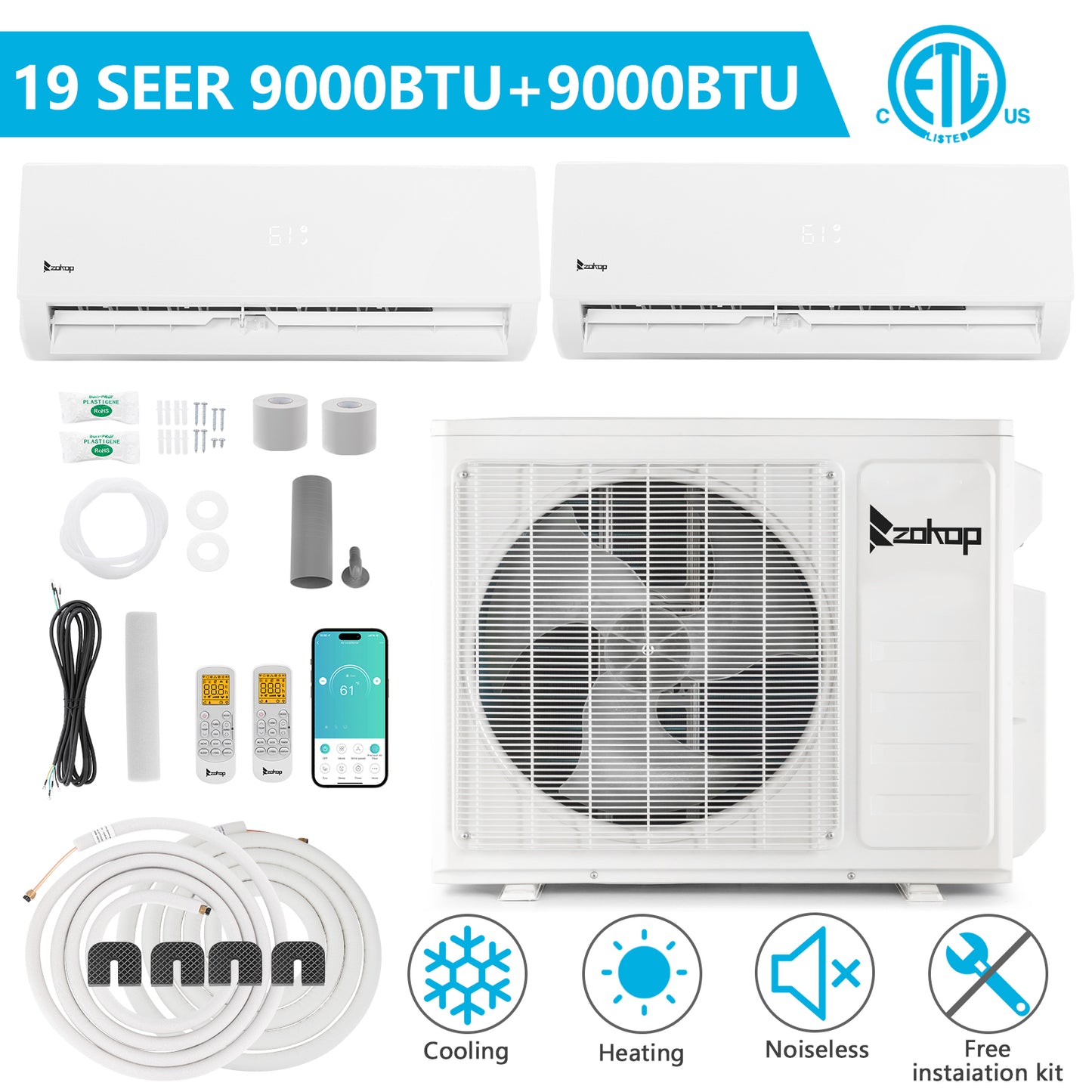 ZOKOP  2 Zone 9000 + 12000 BTU WIFI Mini Split AC/Heating System 208-230V