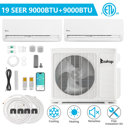 ZOKOP  2 Zone 9000 + 12000 BTU WIFI Mini Split AC/Heating System 208-230V