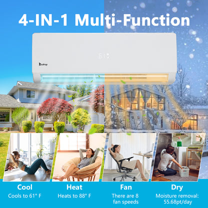 ZOKOP  2 Zone 9000 + 12000 BTU WIFI Mini Split AC/Heating System 208-230V