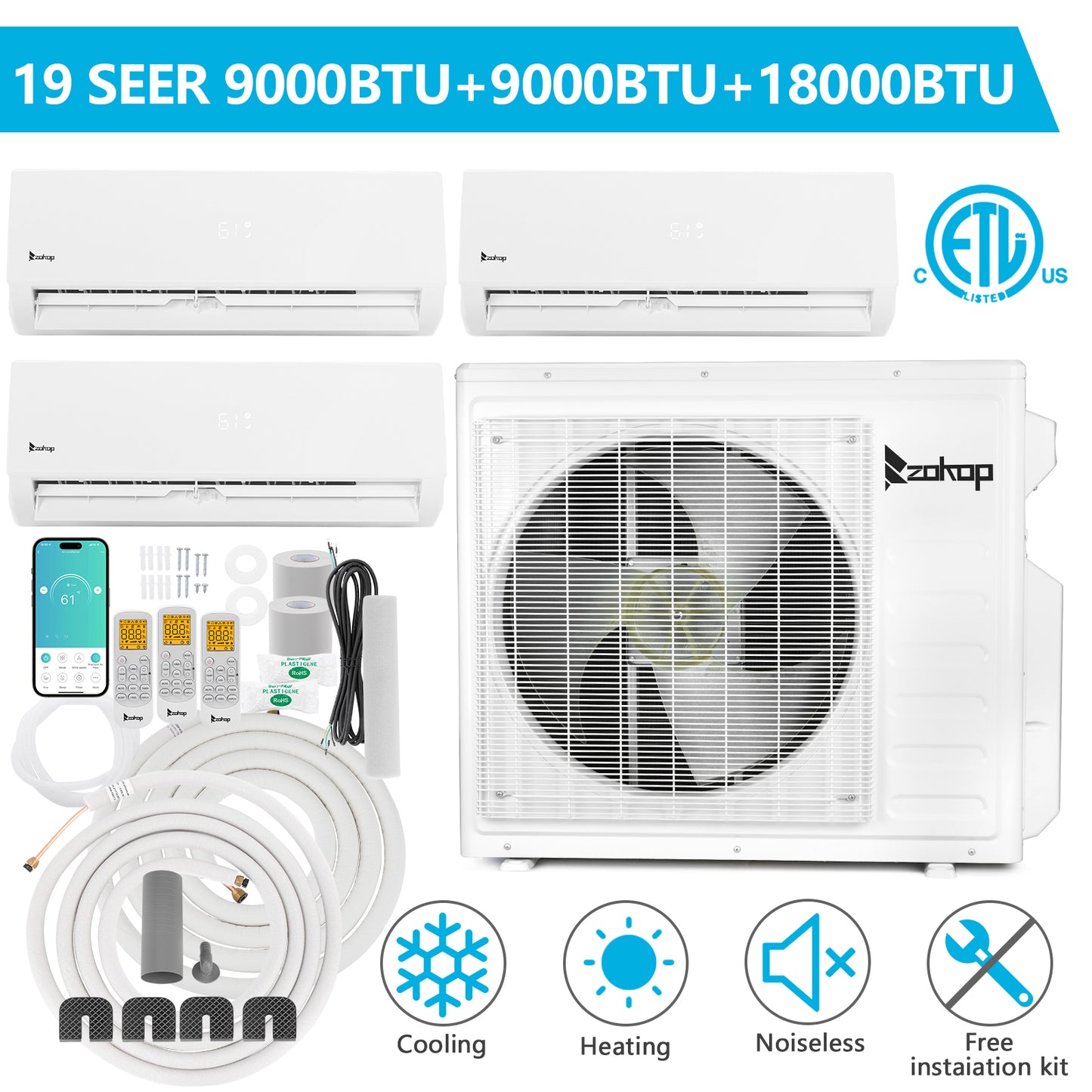 ZOKOP  3 Zone 9000 + 9000 + 18000 BTU WIFI Mini Split AC/Heating System 208-230V