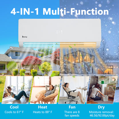 ZOKOP  3 Zone 9000 + 9000 + 18000 BTU WIFI Mini Split AC/Heating System 208-230V