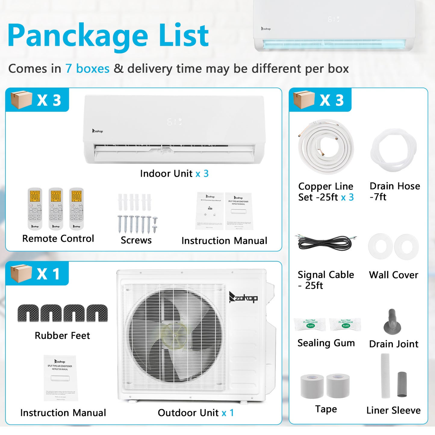 ZOKOP  3 Zone 9000 + 9000 + 18000 BTU WIFI Mini Split AC/Heating System 208-230V