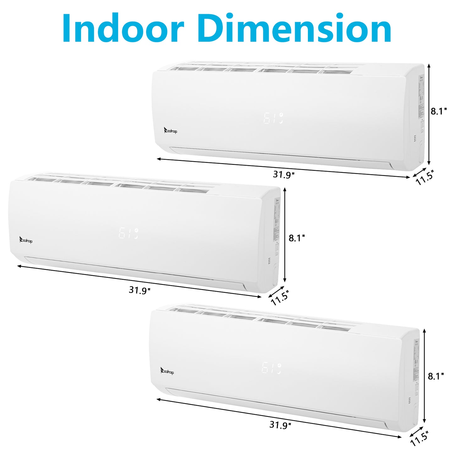 ZOKOP 3 Zone 9000 + 9000 + 12000 BTU WIFI Mini Split AC/Heating System 208-230V