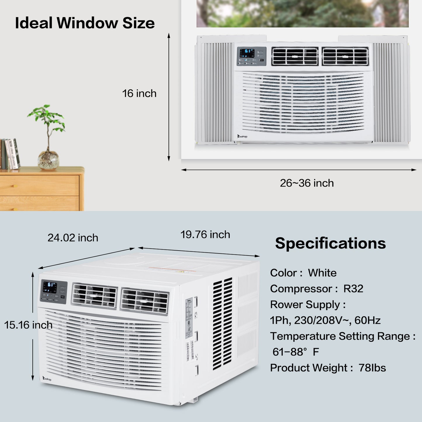 ZOKOP WiFi Enabled 12000 BTU Heat And Cool Window Air Conditioner With Wifi Controls