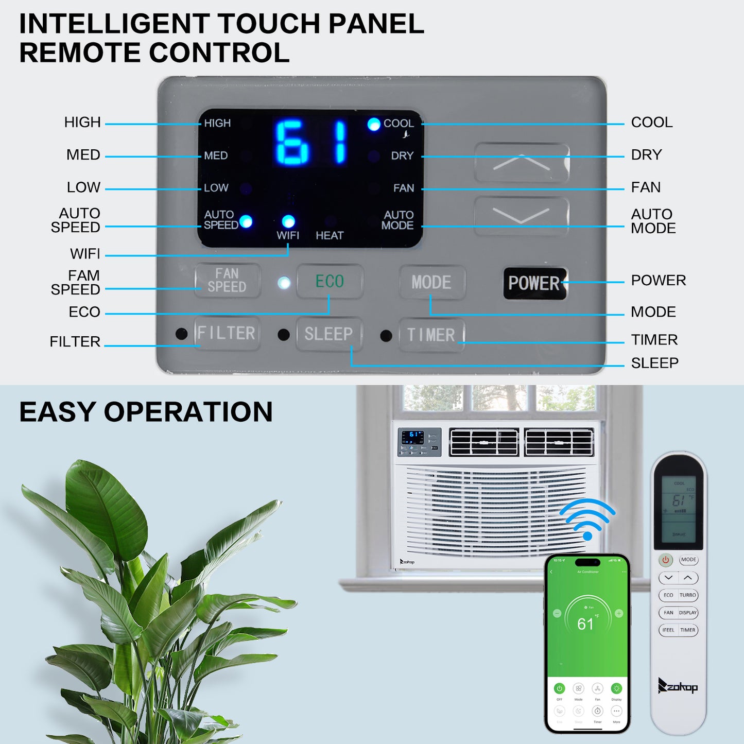 ZOKOP 8000 BTU Heat And Cool Window Air Conditioner With Wifi Controls