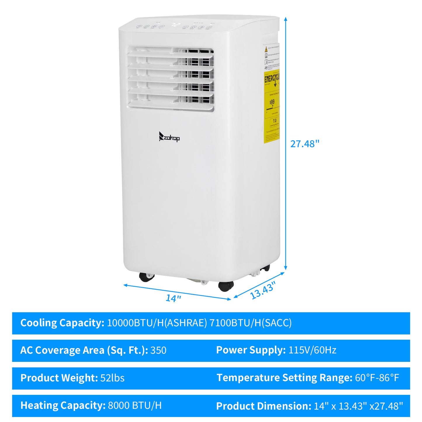 ZOKOP WiFi Enabled 7100BTU (10000 BTU ASHRAE) Portable Air Conditioner